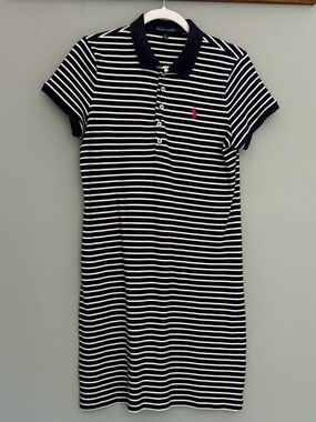 Ralph Lauren Blue Label Navy White Nautical Stripe Pink Pony Polo Shirt Dress
